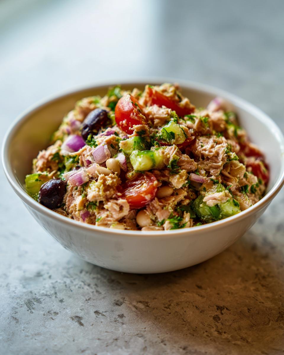 Close-up of a bowl of Simple Tuna and White Bean Salad with tomatoes, olives, and herbs.