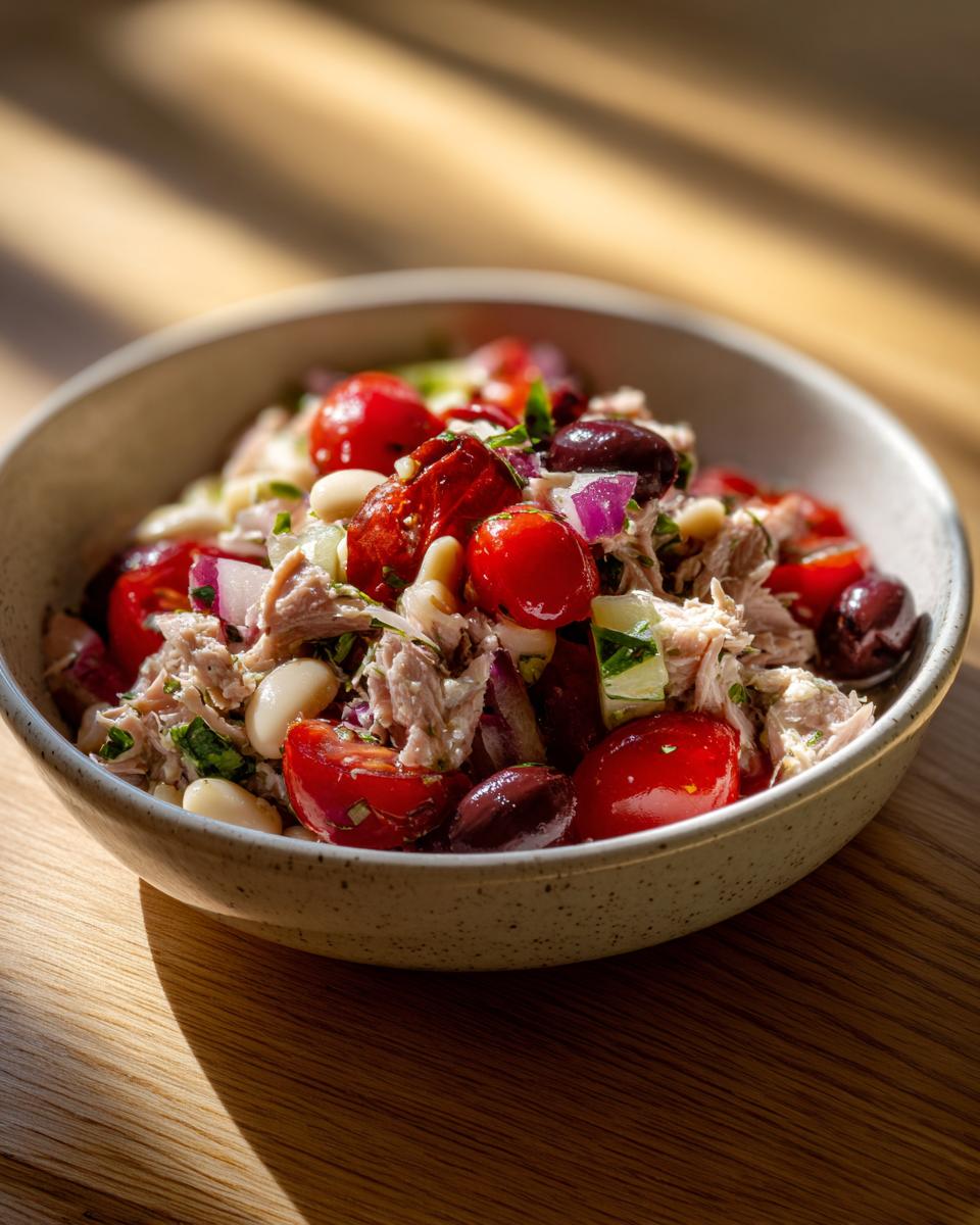 Close-up of a Simple Tuna and White Bean Salad in a bowl, with tomatoes and olives.