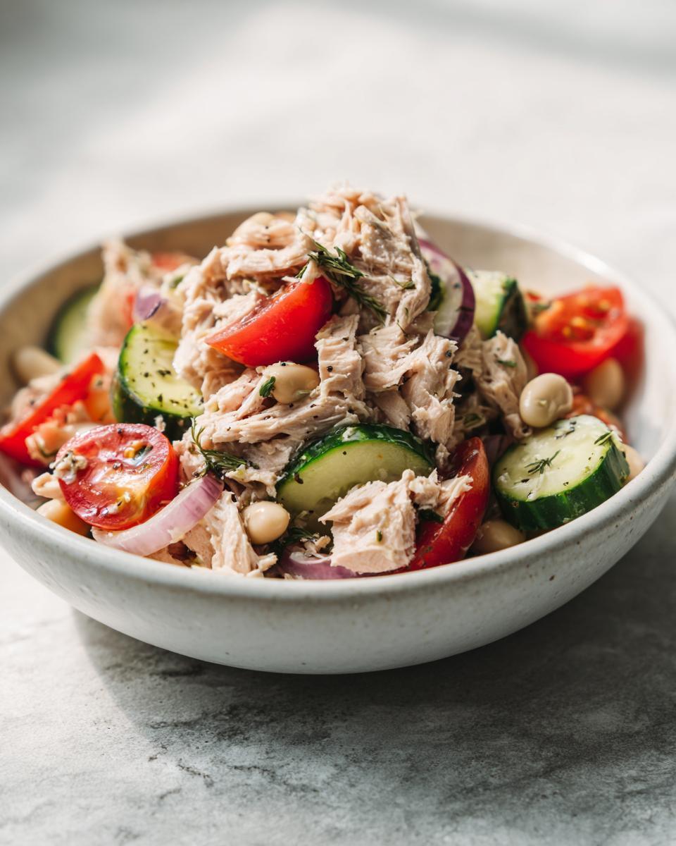 Close-up of a Simple Tuna and White Bean Salad with tomatoes, cucumber, and red onion.