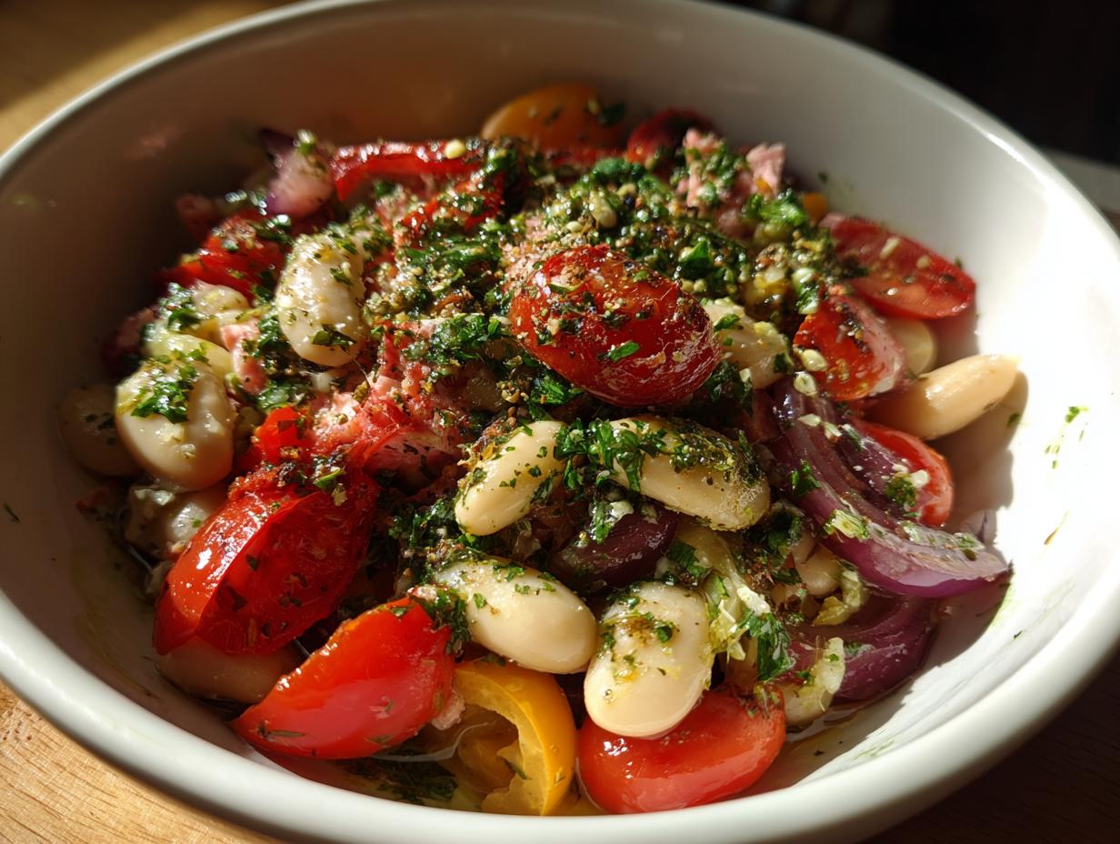 Close-up of a Simple Tuna and White Bean Salad with tomatoes, beans, and herbs.