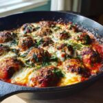 Close-up of a delicious Skillet Meatball and Mozzarella Bake, bubbling with melted cheese and herbs.