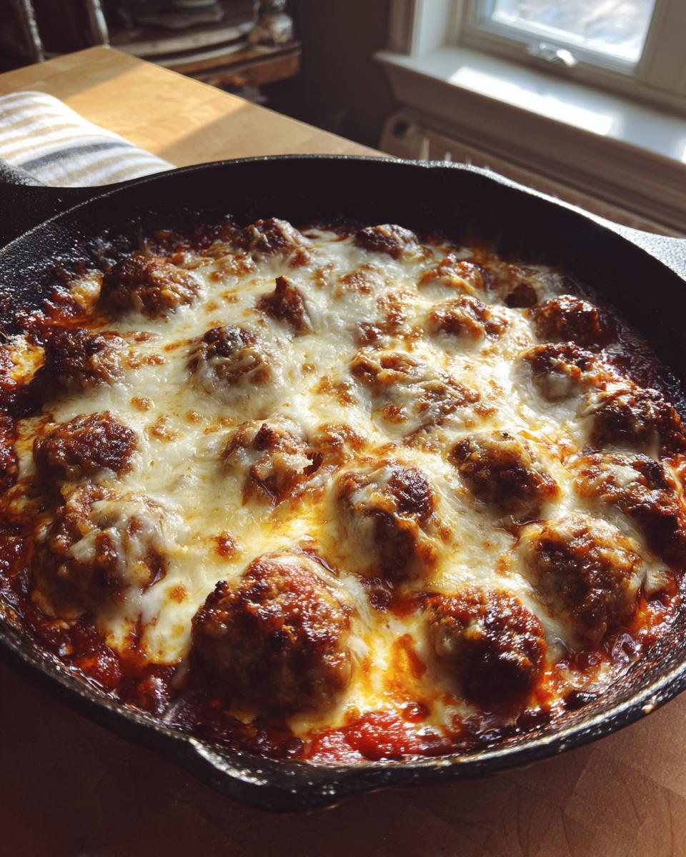 Close-up of a skillet meatball and mozzarella bake, bubbling with melted cheese.