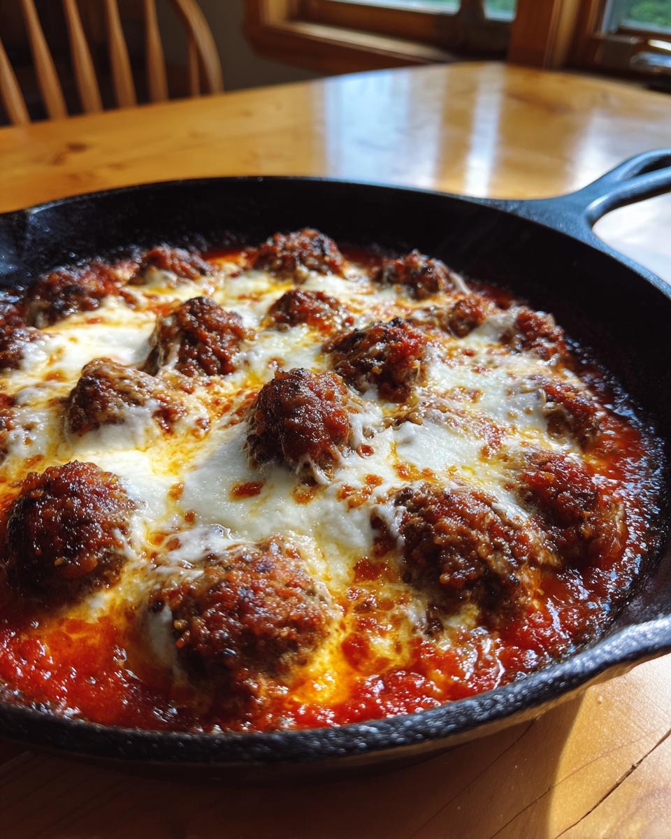 Close-up of a Skillet Meatball and Mozzarella Bake in a cast iron skillet, with melted mozzarella and tomato sauce.