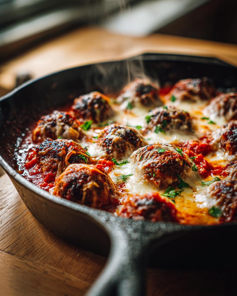 Close-up of a bubbling Skillet Meatball and Mozzarella Bake in a cast iron skillet, garnished with herbs.