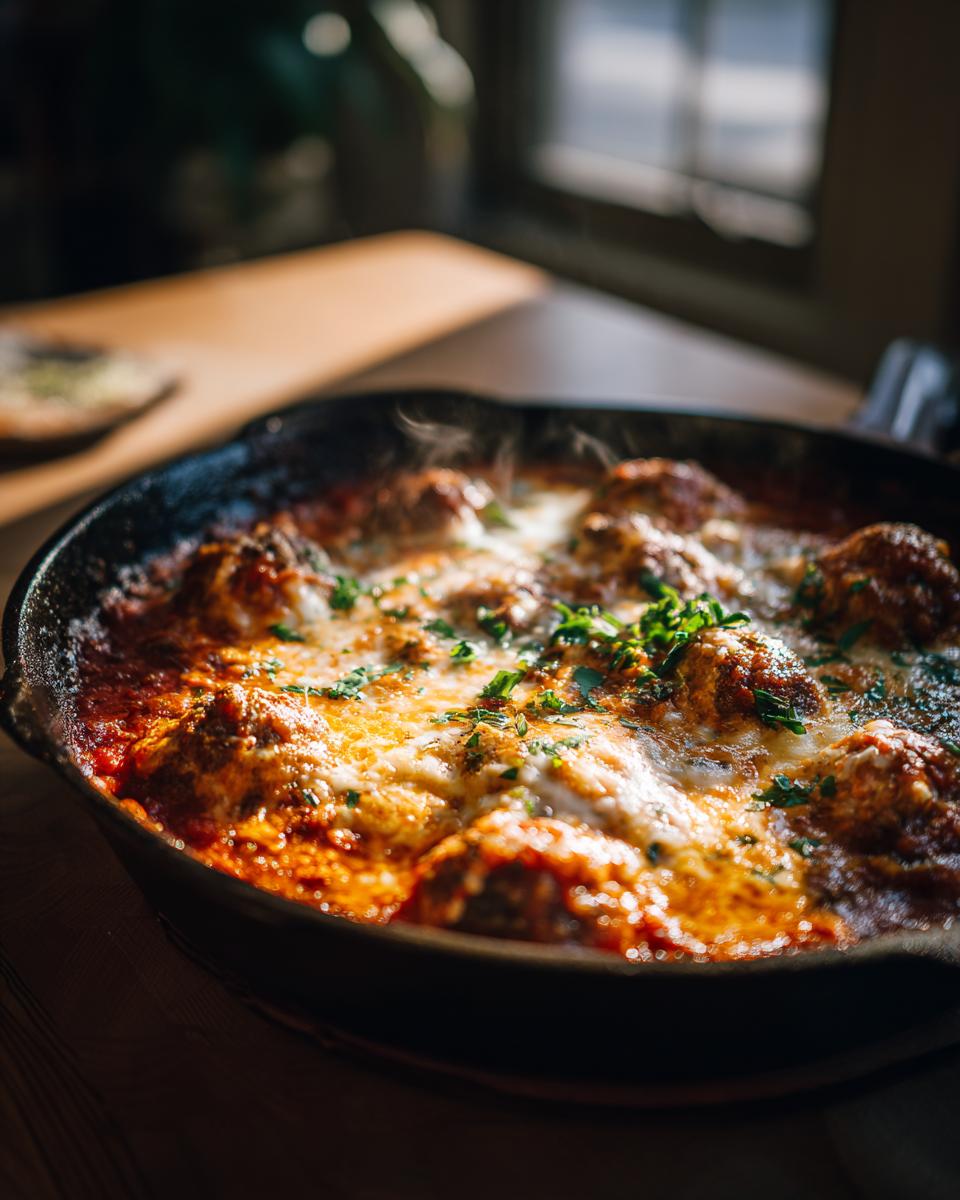 Close-up of a bubbling Skillet Meatball and Mozzarella Bake in a cast iron skillet, garnished with fresh herbs.