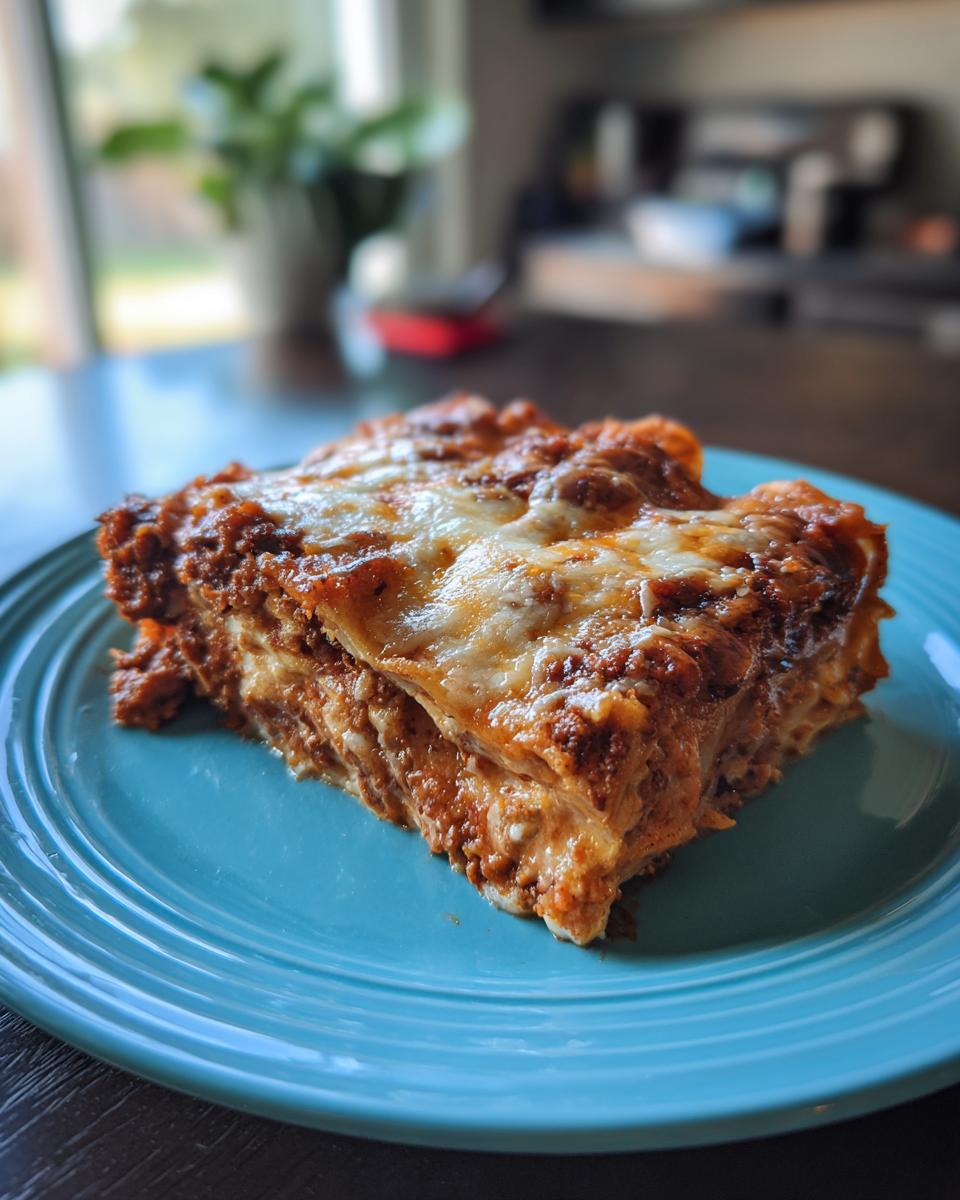 A slice of delicious Slow Cooker Bean and Cheese Enchiladas on a blue plate.