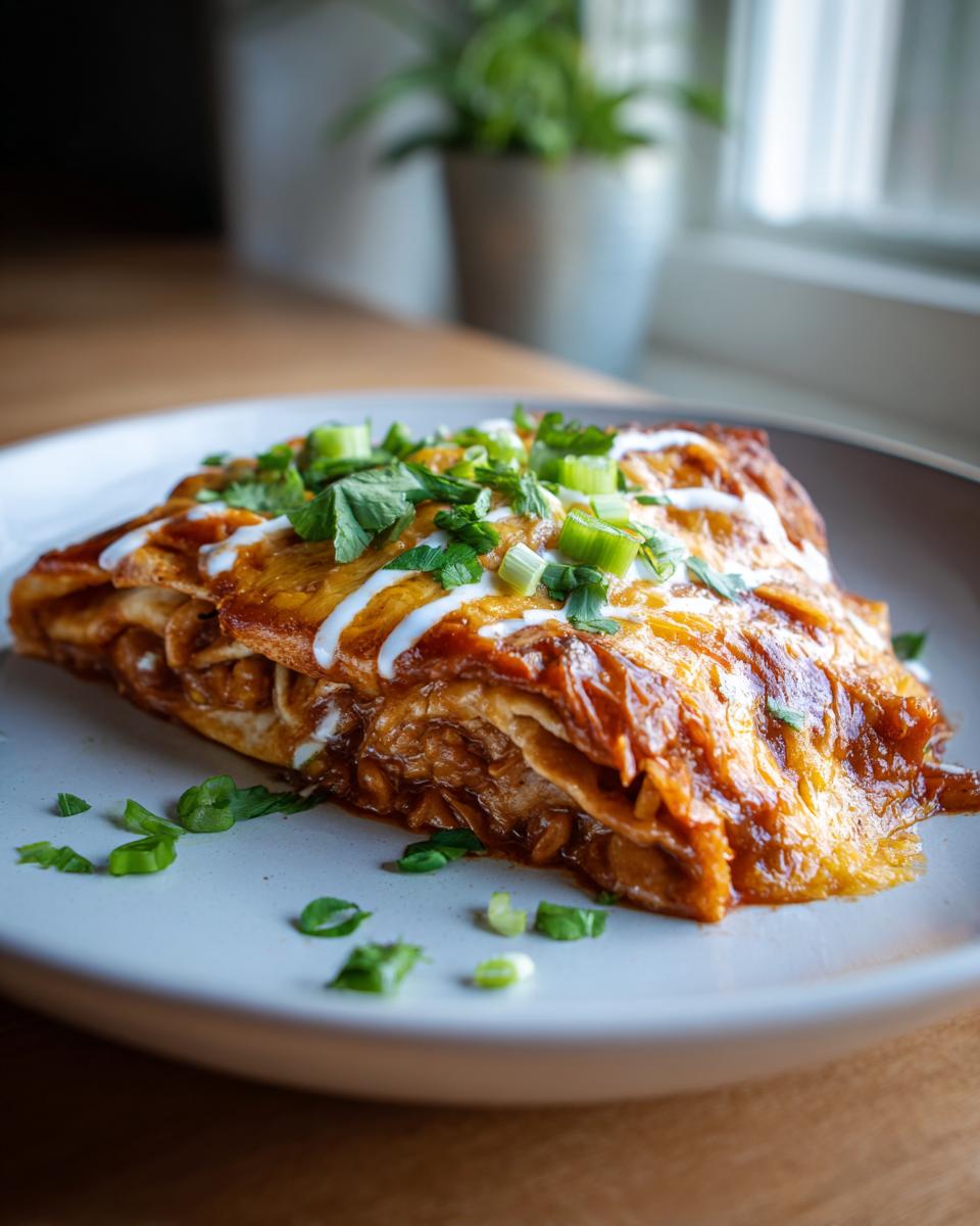 A slice of delicious Slow Cooker Bean and Cheese Enchiladas on a plate, topped with cheese and fresh herbs.