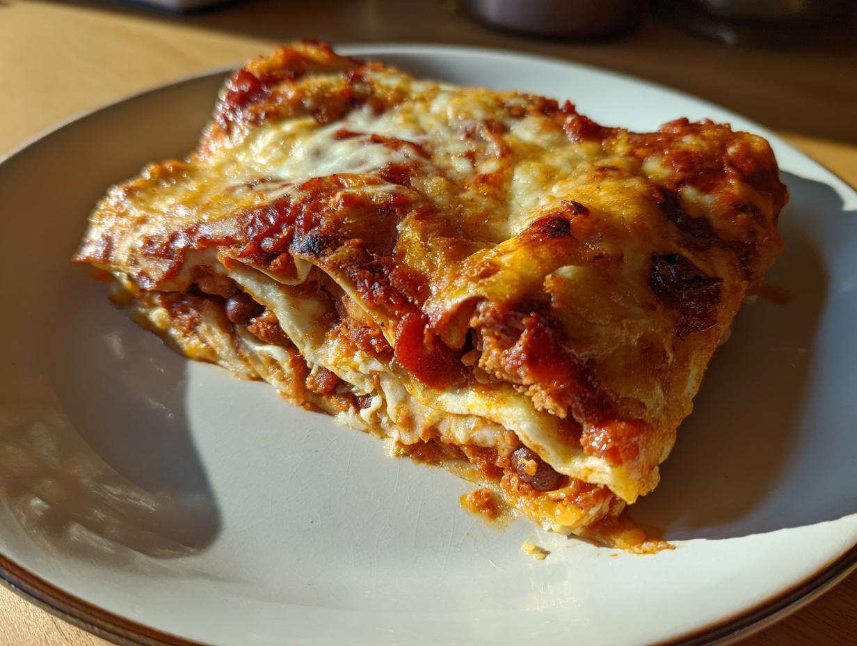 A slice of delicious Slow Cooker Bean and Cheese Enchiladas on a plate, with melted cheese and sauce.