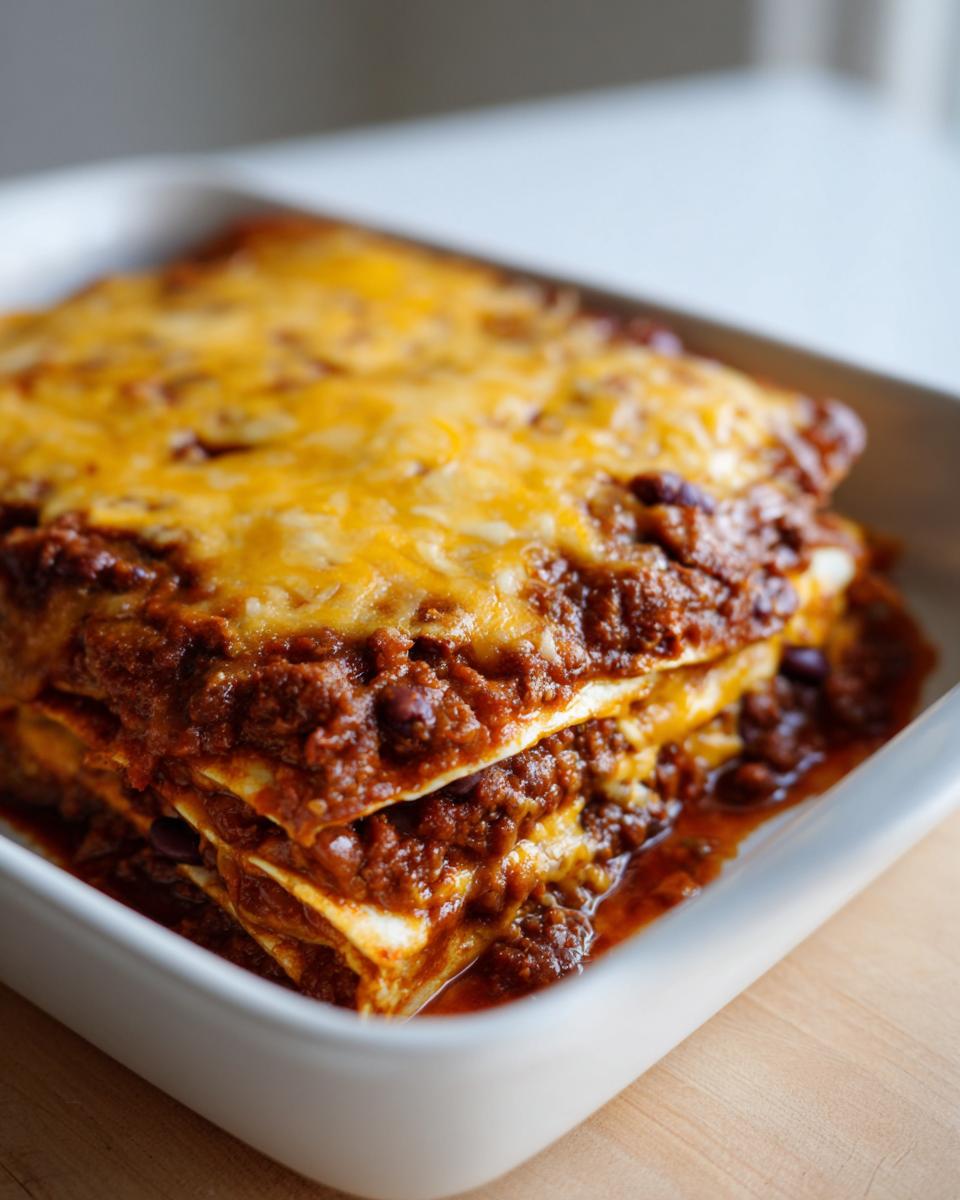 Close-up of baked Slow Cooker Bean and Cheese Enchiladas in a white baking dish.