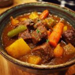 Close-up of a bowl of delicious Slow Cooker Beef Stew Soup with beef, carrots, potatoes, and green beans.
