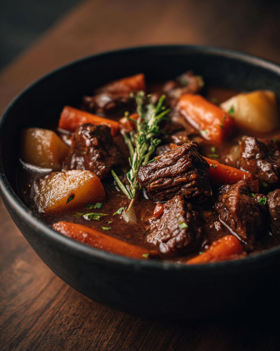 Amazing Slow Cooker Beef Stew Soup: 1 Recipe! 9 Close-up of a bowl of Slow Cooker Beef Stew Soup with beef, carrots, and potatoes.