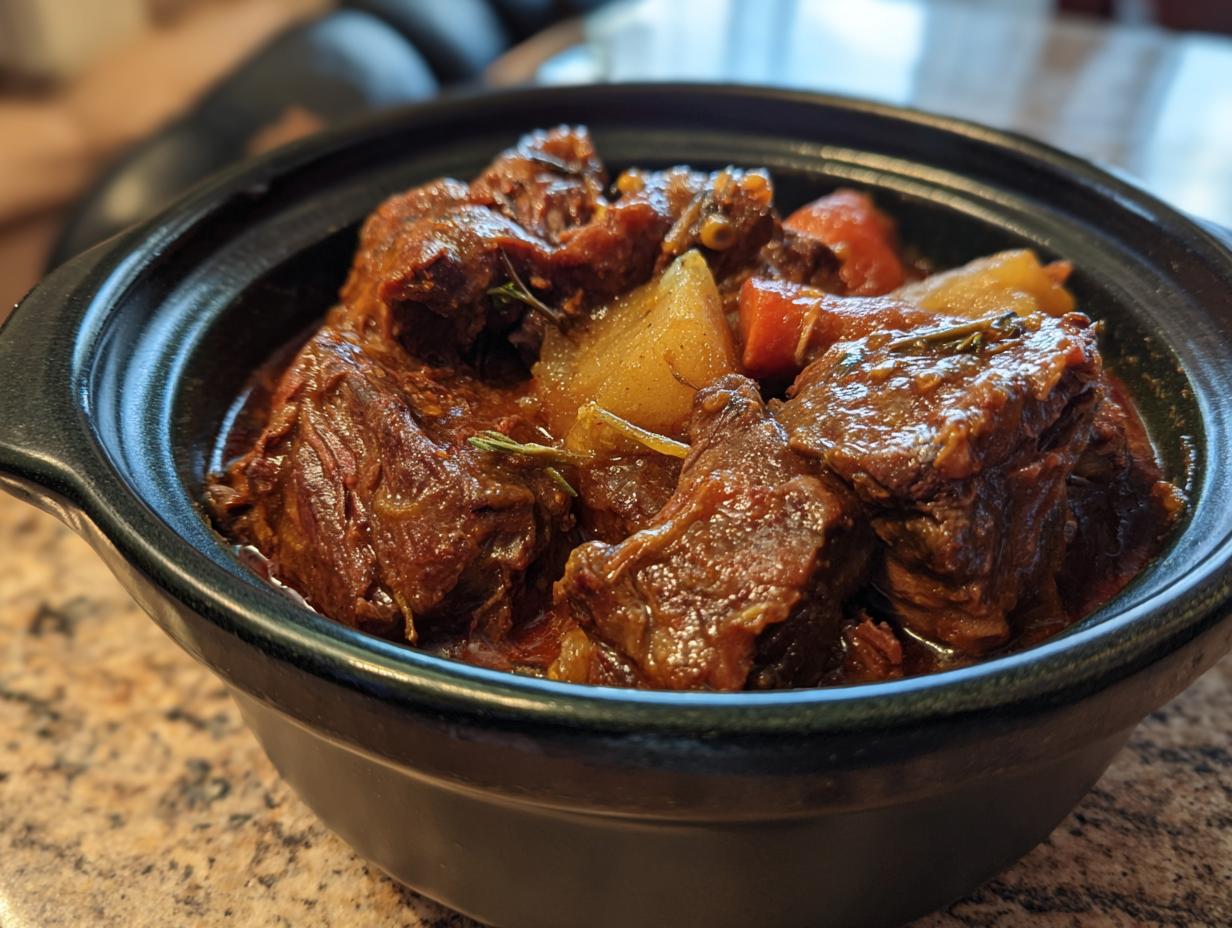 Close-up of a bowl of Slow Cooker Beef Stew Soup with tender beef and vegetables.