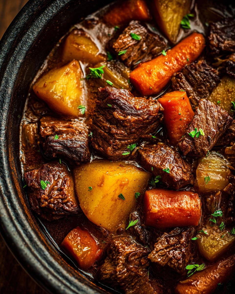 Amazing Slow Cooker Beef Stew Soup: 1 Recipe! 7 Close-up of a hearty Slow Cooker Beef Stew Soup with tender beef, carrots, and potatoes.