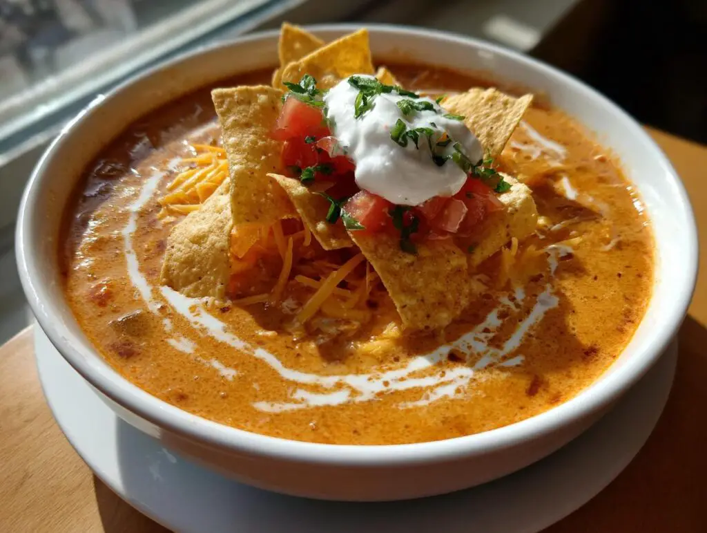 A bowl of creamy Slow-Cooker Creamy Tortilla Soup, topped with tortilla chips, sour cream, and tomatoes.