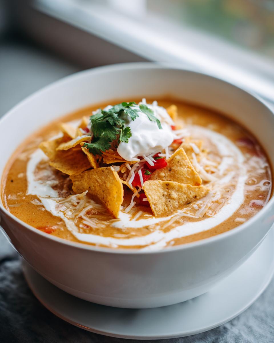 3 Steps to a Delicious Slow-Cooker Creamy Tortilla Soup 7 A bowl of creamy Slow-Cooker Creamy Tortilla Soup, topped with tortilla chips, sour cream, and cilantro.
