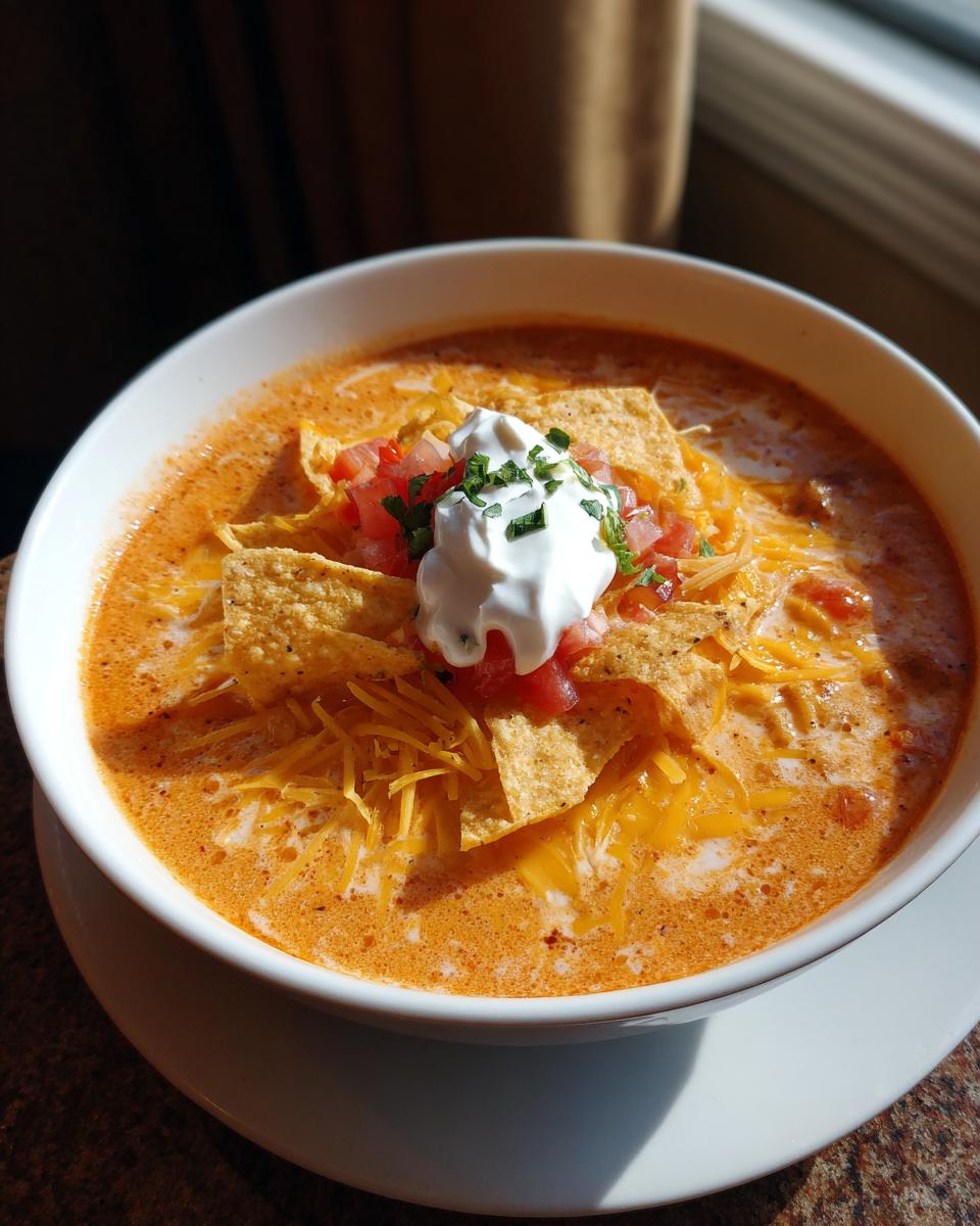 3 Steps to a Delicious Slow-Cooker Creamy Tortilla Soup 8 A bowl of creamy Slow-Cooker Creamy Tortilla Soup, topped with sour cream and tortilla chips.