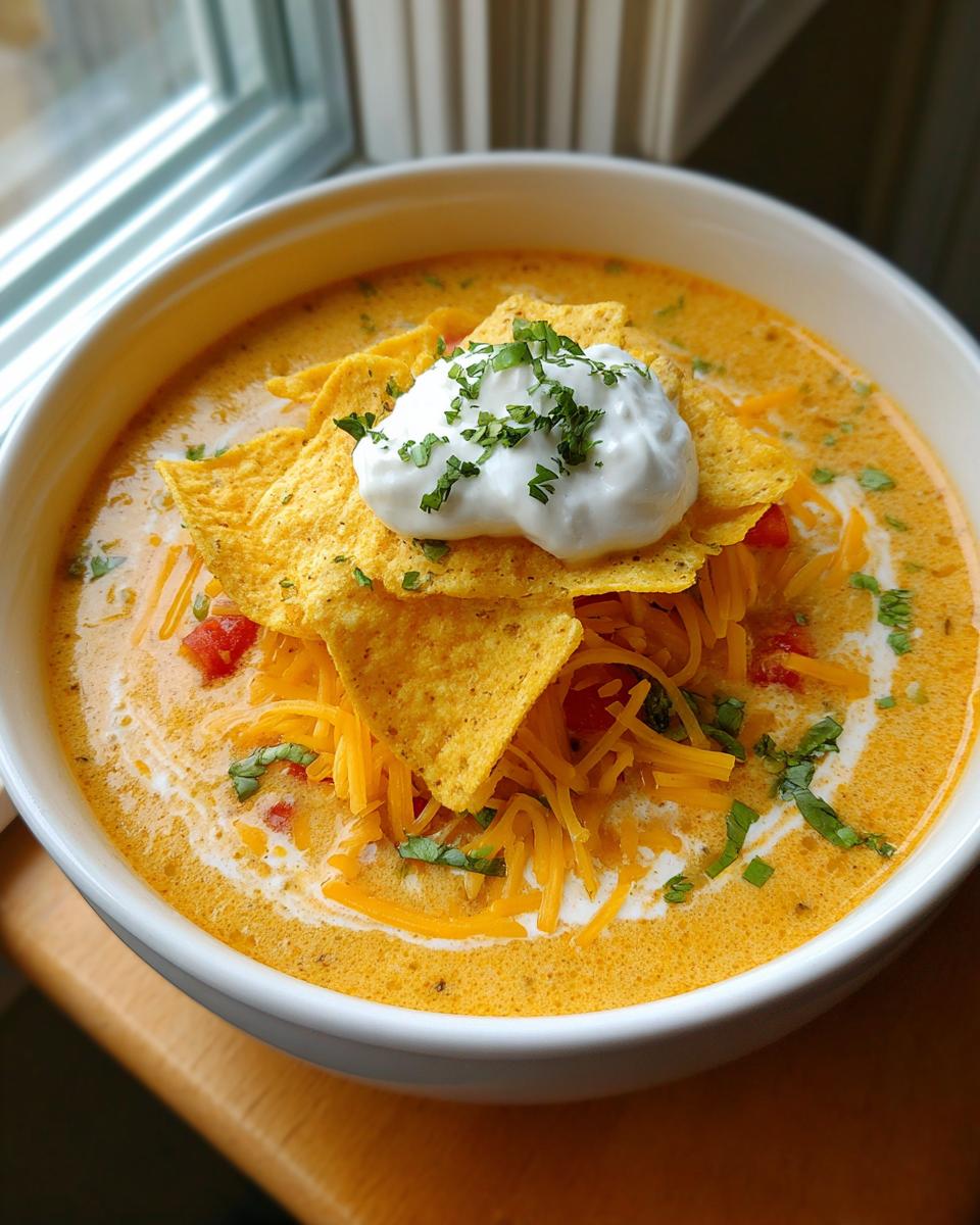 3 Steps to a Delicious Slow-Cooker Creamy Tortilla Soup 9 Close-up of a bowl of Slow-Cooker Creamy Tortilla Soup, topped with tortilla chips, sour cream, and cilantro.