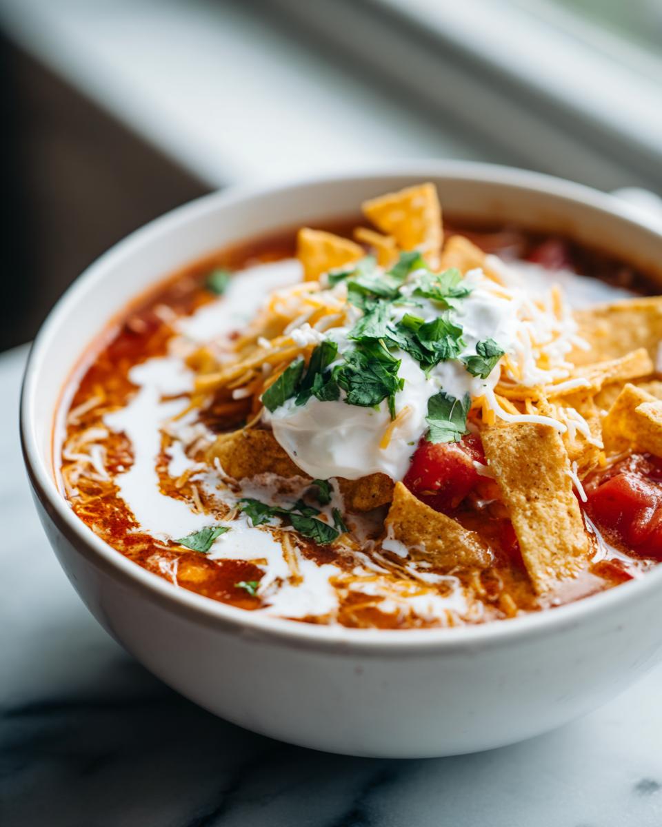 3 Steps to a Delicious Slow-Cooker Creamy Tortilla Soup 10 Close-up of a bowl of Slow-Cooker Creamy Tortilla Soup, topped with sour cream, cheese, and tortilla strips.