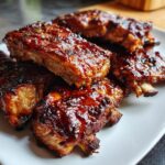 Close-up of juicy Slow Cooker Honey Garlic Pork Ribs on a white plate.