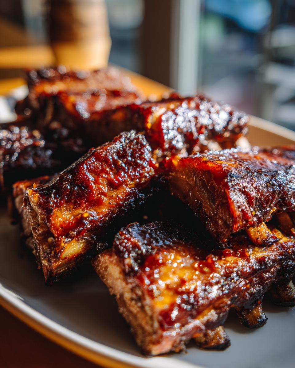 Close-up of tender Slow Cooker Honey Garlic Pork Ribs, glazed and ready to eat.