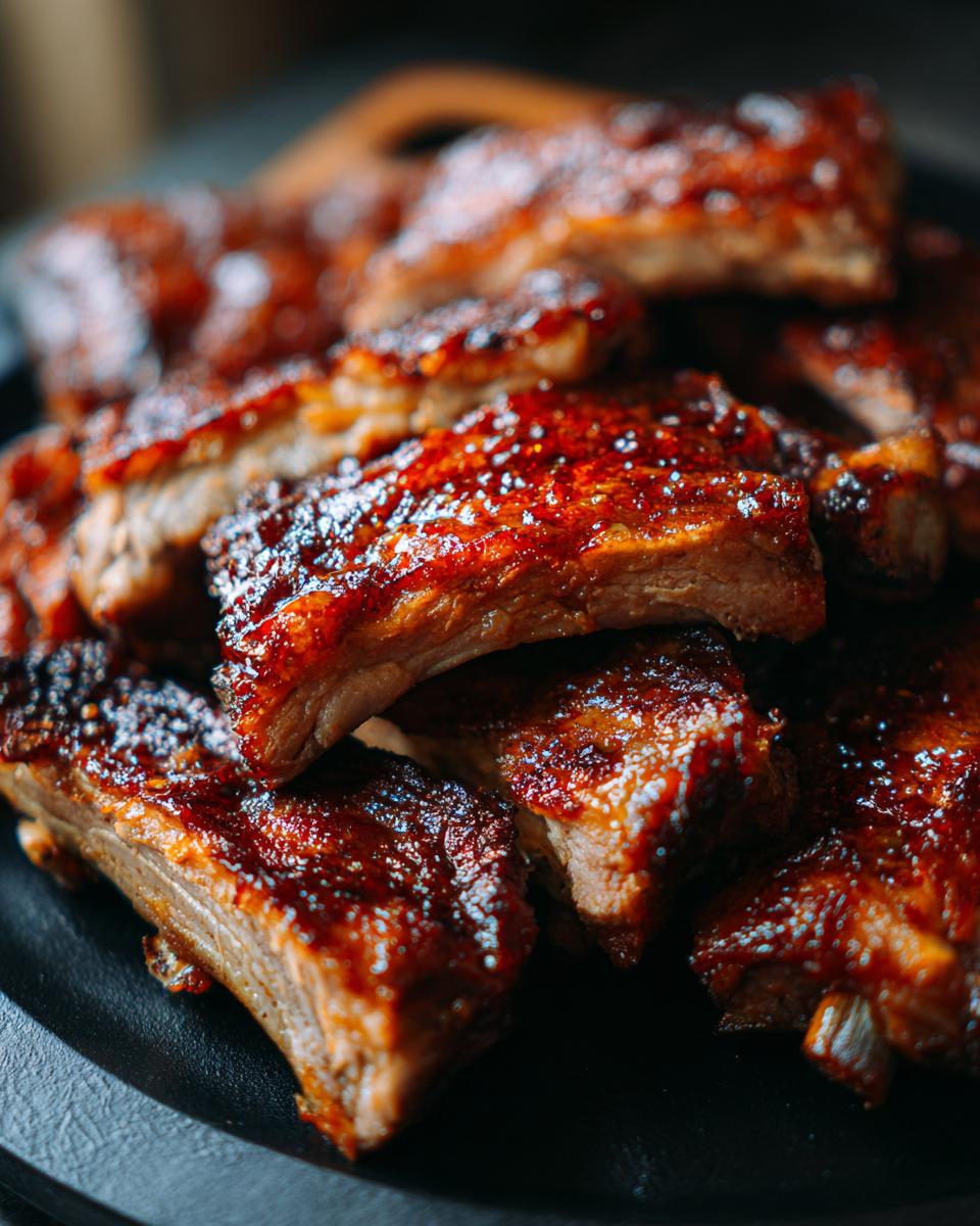 Close-up of juicy Slow Cooker Honey Garlic Pork Ribs, glazed and ready to eat.