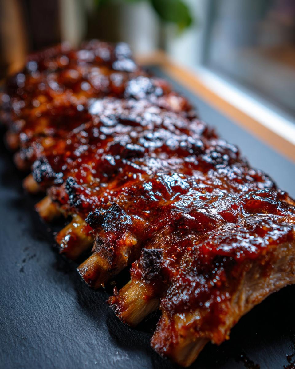 Close-up of juicy Slow Cooker Honey Garlic Pork Ribs, glazed and ready to eat.
