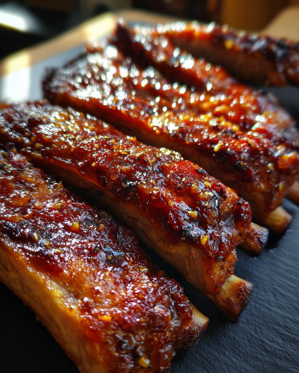 Close-up of juicy Slow Cooker Honey Garlic Pork Ribs, glazed and ready to eat.