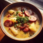 Close-up of a bowl of Smoked Sausage & Potato Soup with potatoes, sausage, and parsley.