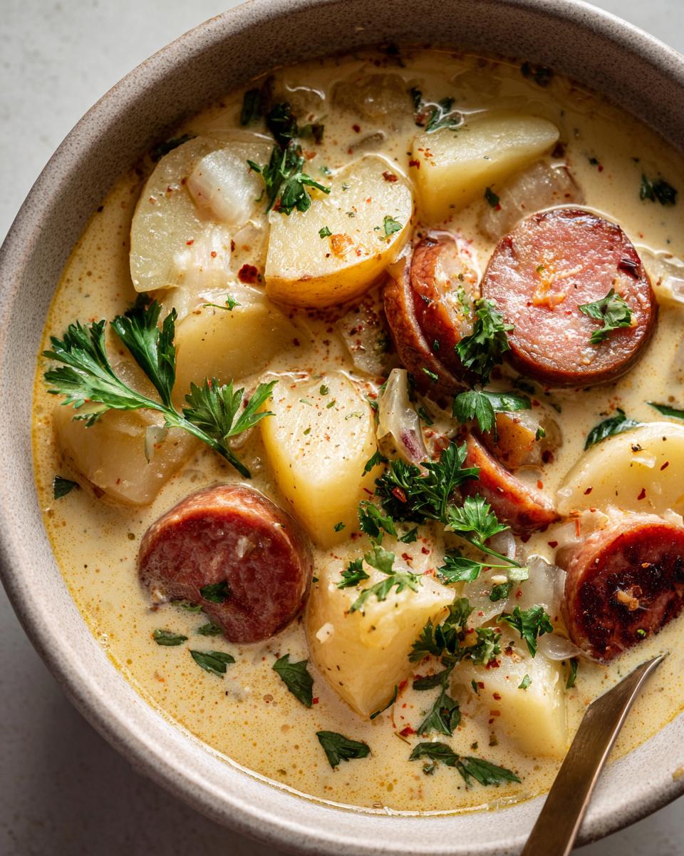 Smoked Sausage & Potato Soup: A Quick 1-Hour Delight! 7 Overhead shot of a bowl of creamy Smoked Sausage & Potato Soup with potatoes and sausage.