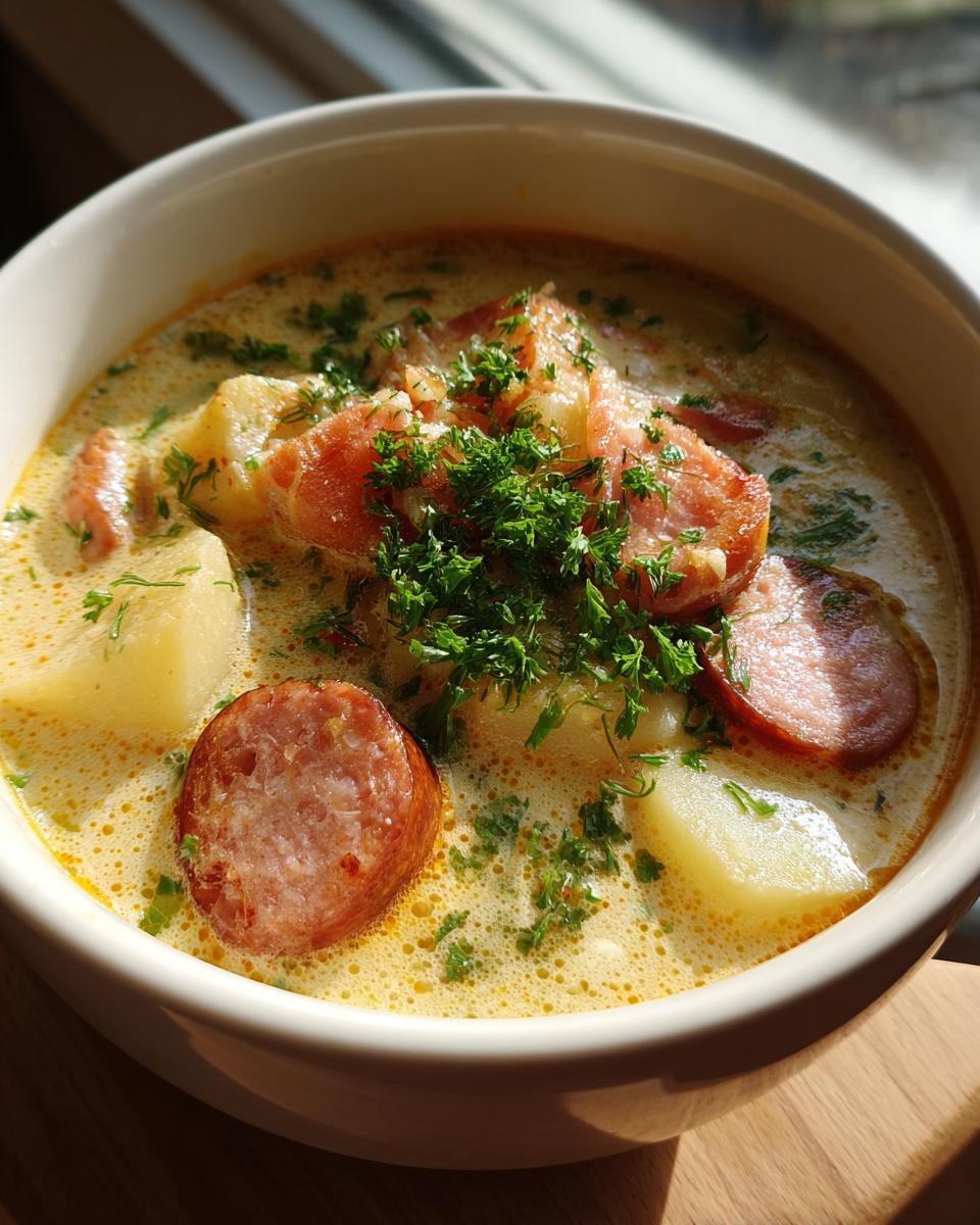 Close-up of a bowl of creamy Smoked Sausage & Potato Soup, garnished with fresh herbs.