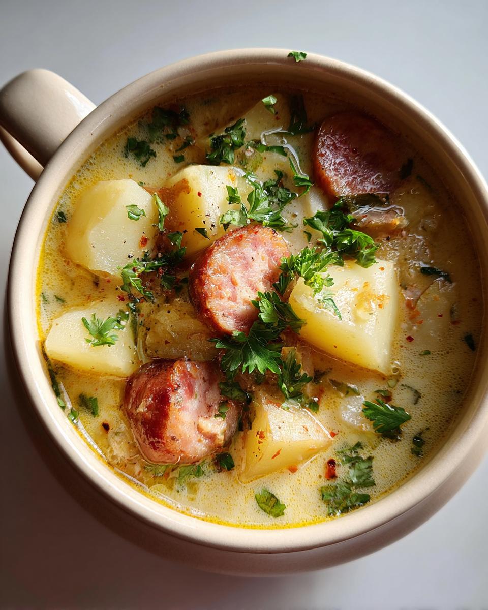 Smoked Sausage & Potato Soup: A Quick 1-Hour Delight! 9 Close-up of a bowl of Smoked Sausage & Potato Soup, garnished with parsley.
