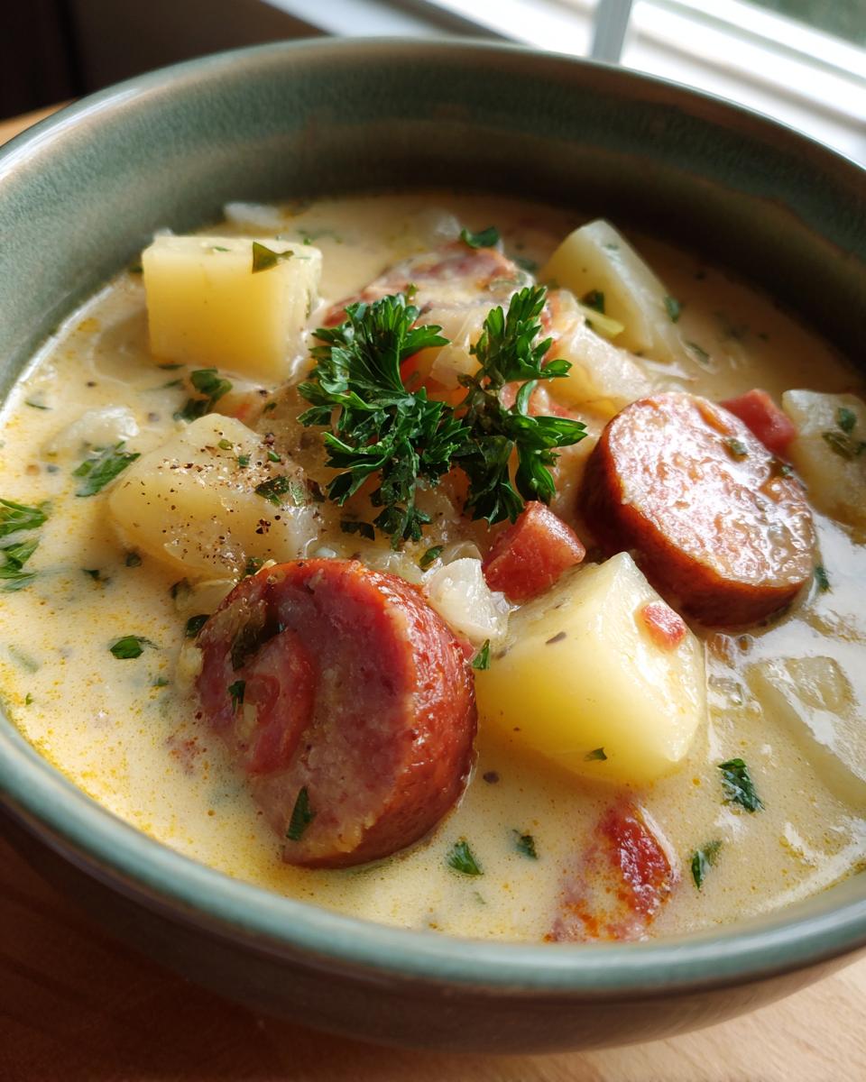 Smoked Sausage & Potato Soup: A Quick 1-Hour Delight! 10 Close-up of a bowl of creamy Smoked Sausage & Potato Soup, garnished with parsley.