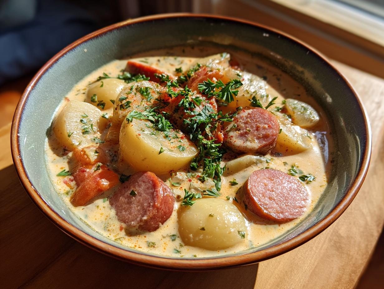 Close-up of a bowl of creamy Smoked Sausage & Potato Soup, garnished with fresh herbs.