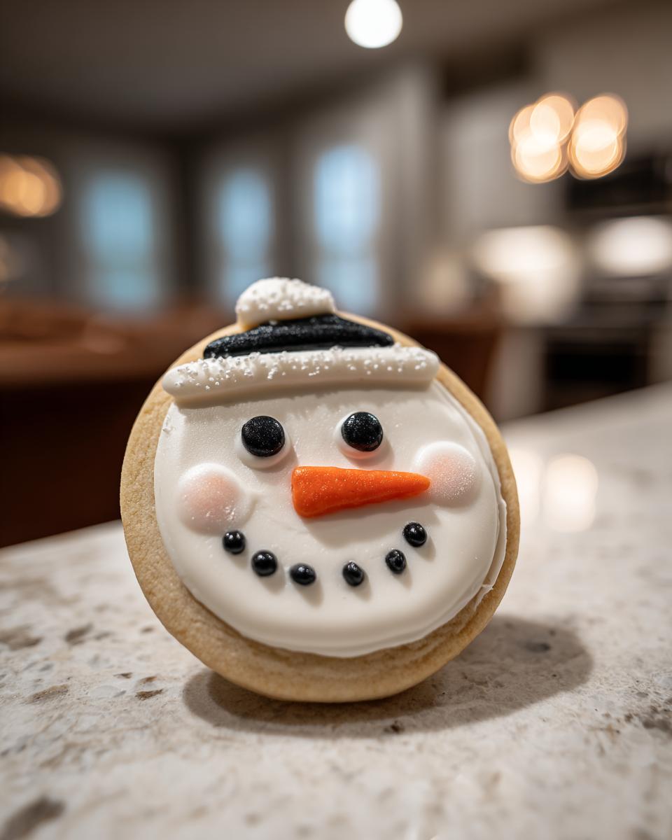 Adorable Snowman Hat Cookies: 1 Easy Recipe 10 Close-up of an adorable snowman hat cookie with white icing, black eyes, orange carrot nose, and black mouth dots.