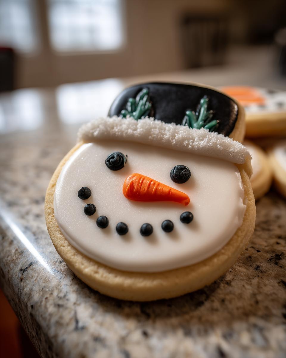 Adorable Snowman Hat Cookies: 1 Easy Recipe 9 Close-up of an adorable snowman hat cookie with white icing, black eyes, a carrot nose, and a black hat with green accents.
