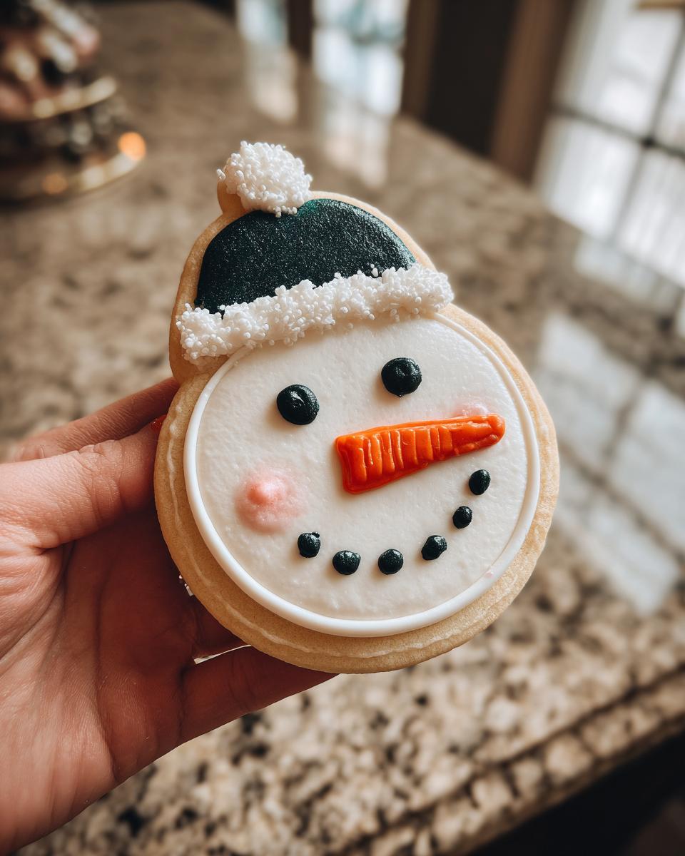 Adorable Snowman Hat Cookies: 1 Easy Recipe 7 A hand holds an adorable Snowman Hat Cookie decorated with white icing, black eyes, a carrot nose, and a festive hat.