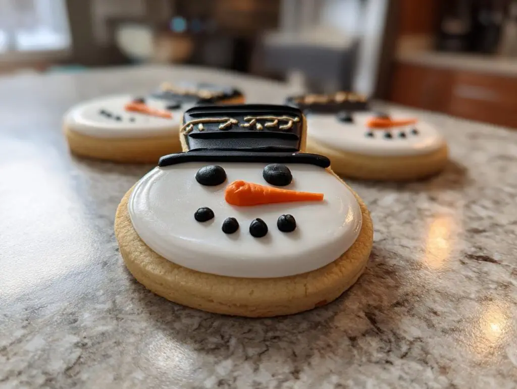 Close-up of adorable snowman hat cookies decorated with white icing, black buttons, orange carrot nose, and black hats.