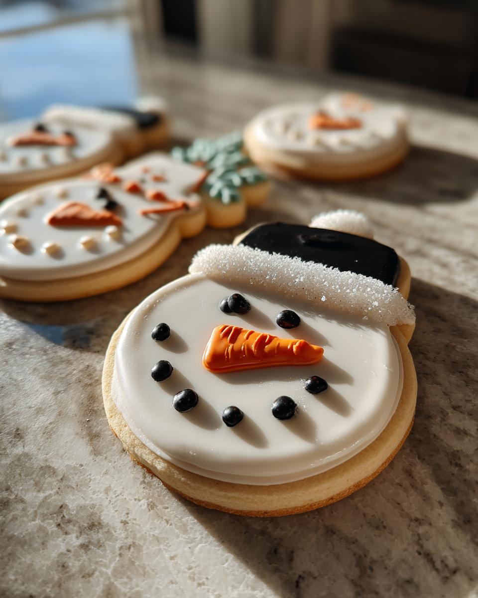 Adorable Snowman Hat Cookies: 1 Easy Recipe 8 Close-up of adorable Snowman Hat Cookies decorated with white icing, orange carrot noses, and black eyes.
