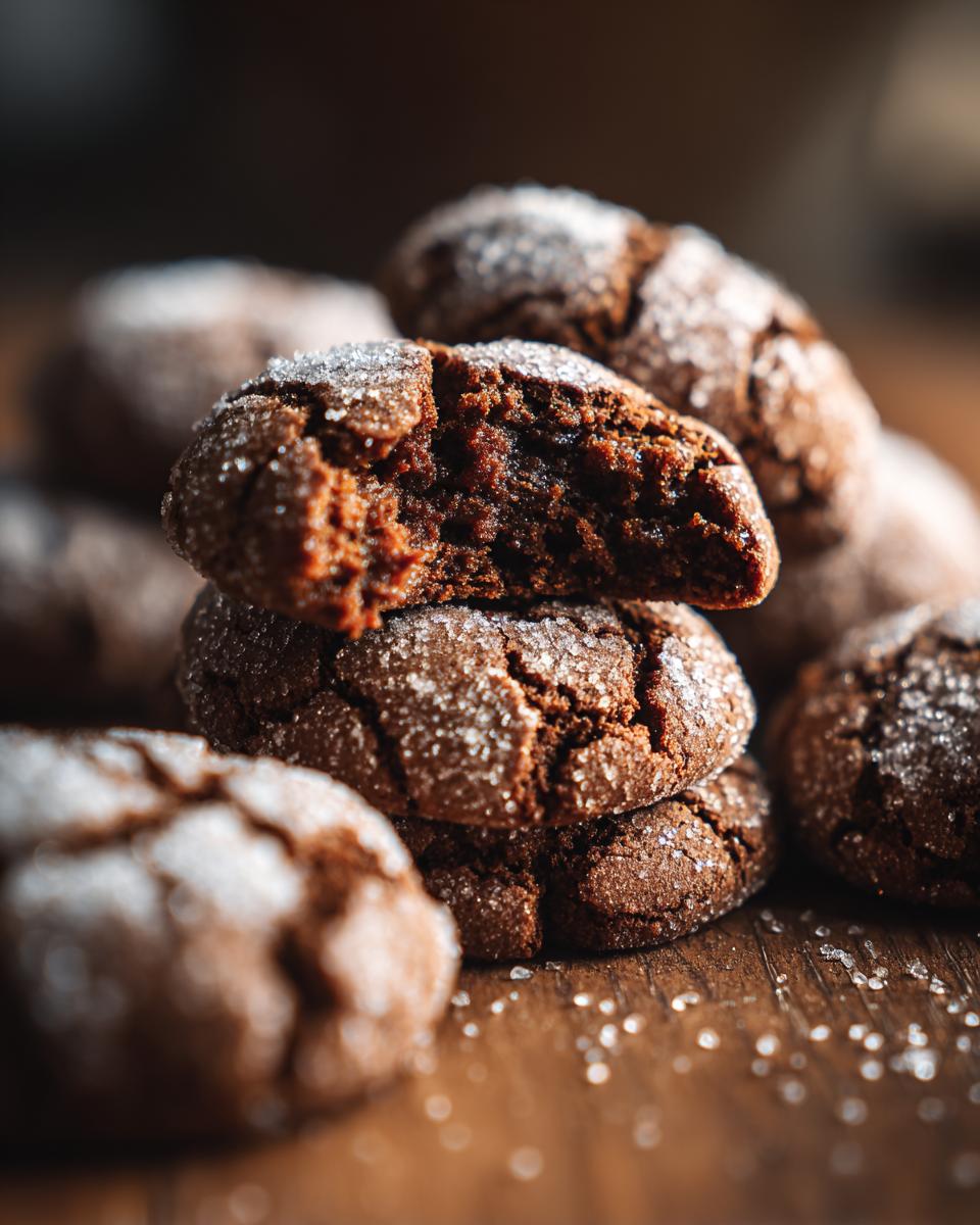 Amazing Soft Gingerbread Crinkle Cookies 7 A close-up of a stack of soft Gingerbread Crinkle Cookies, one broken open to show its chewy interior.
