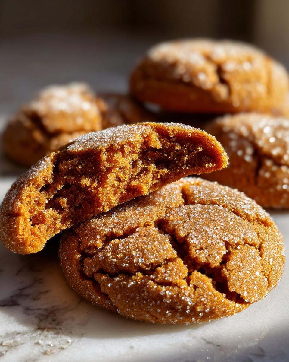 Amazing Soft Gingerbread Crinkle Cookies 8 Close-up of soft Gingerbread Crinkle Cookies, one broken in half to show its chewy texture, coated in sparkling sugar.