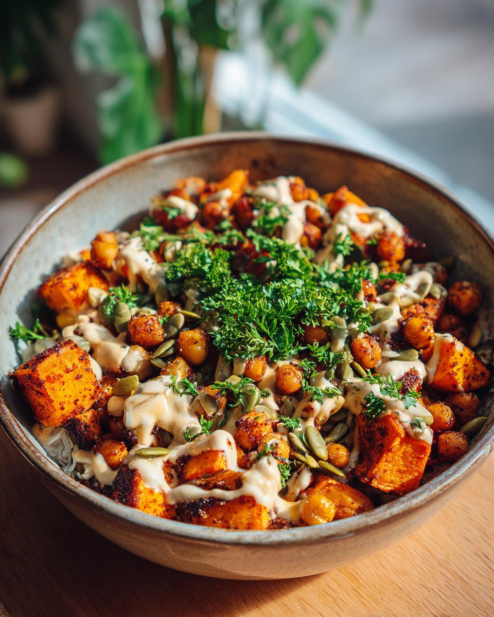 Close-up of a Spiced Chickpea and Sweet Potato Buddha Bowl with tahini dressing and fresh herbs.