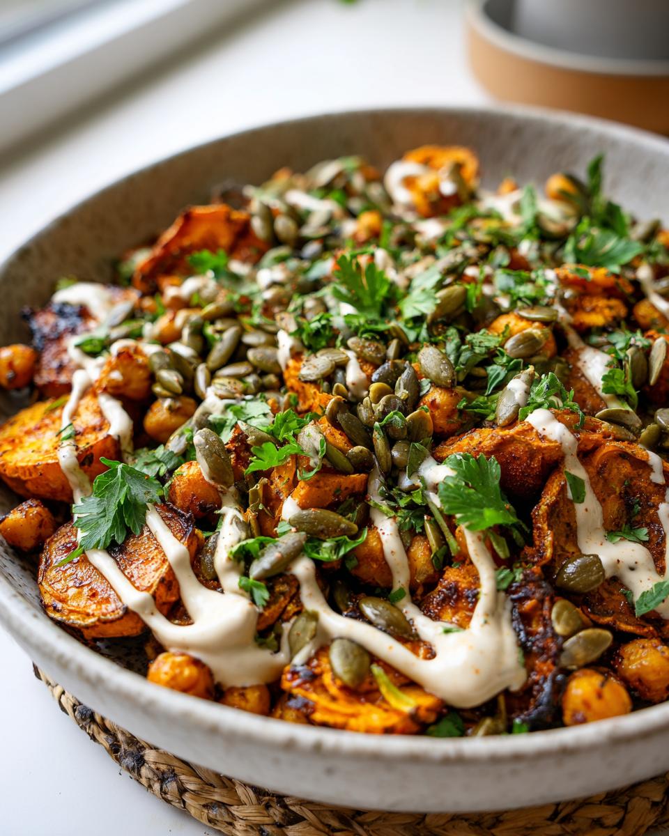 Close-up of a Spiced Chickpea and Sweet Potato Buddha Bowl with pumpkin seeds and tahini dressing.