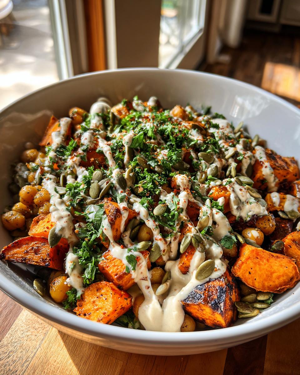 Close-up of a Spiced Chickpea and Sweet Potato Buddha Bowl with tahini dressing and pumpkin seeds.