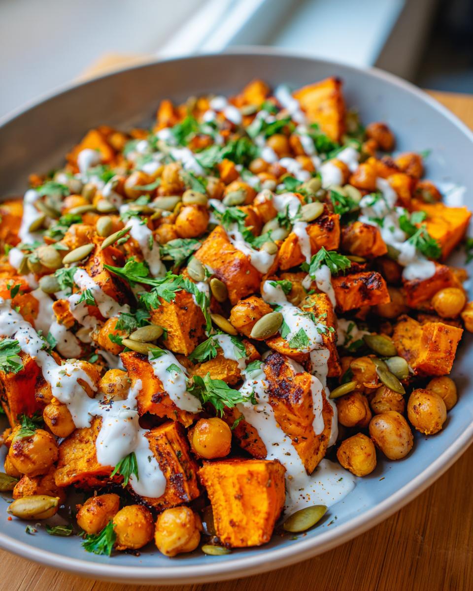 Close-up of a Spiced Chickpea and Sweet Potato Buddha Bowl with tahini dressing.