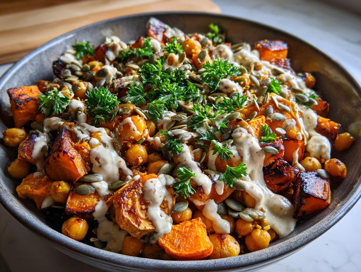 Close-up of a Spiced Chickpea and Sweet Potato Buddha Bowl with tahini dressing and pumpkin seeds.