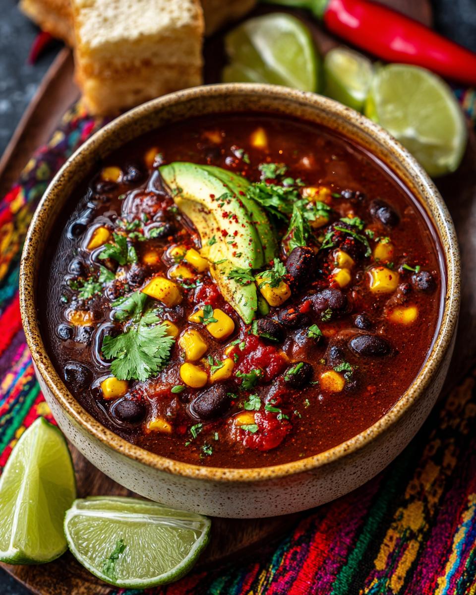Close-up of a bowl of Spicy Black Bean & Corn Soup, garnished with avocado and cilantro.
