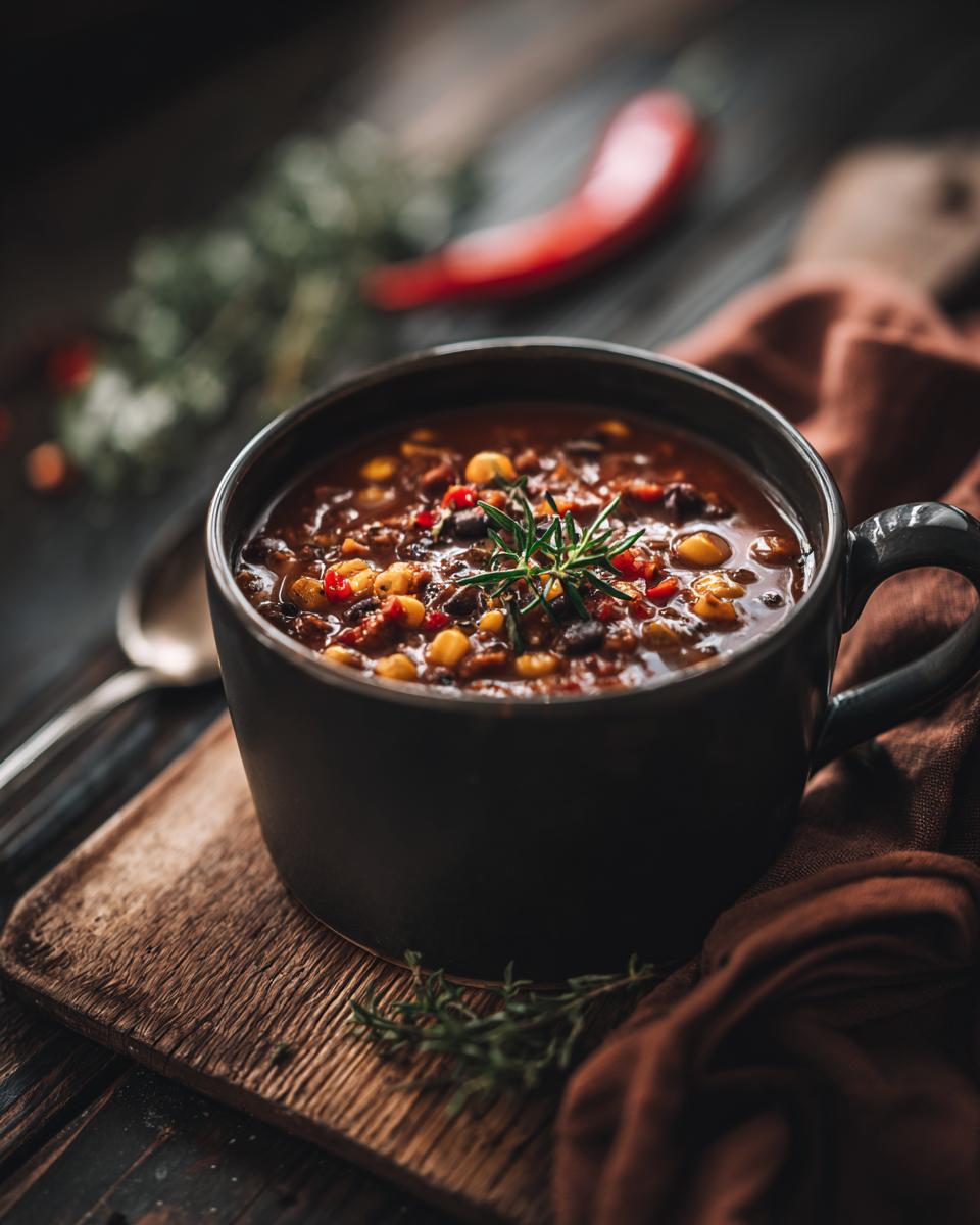 Close-up of a bowl of Spicy Black Bean & Corn Soup, garnished with fresh herbs, on a wooden board.