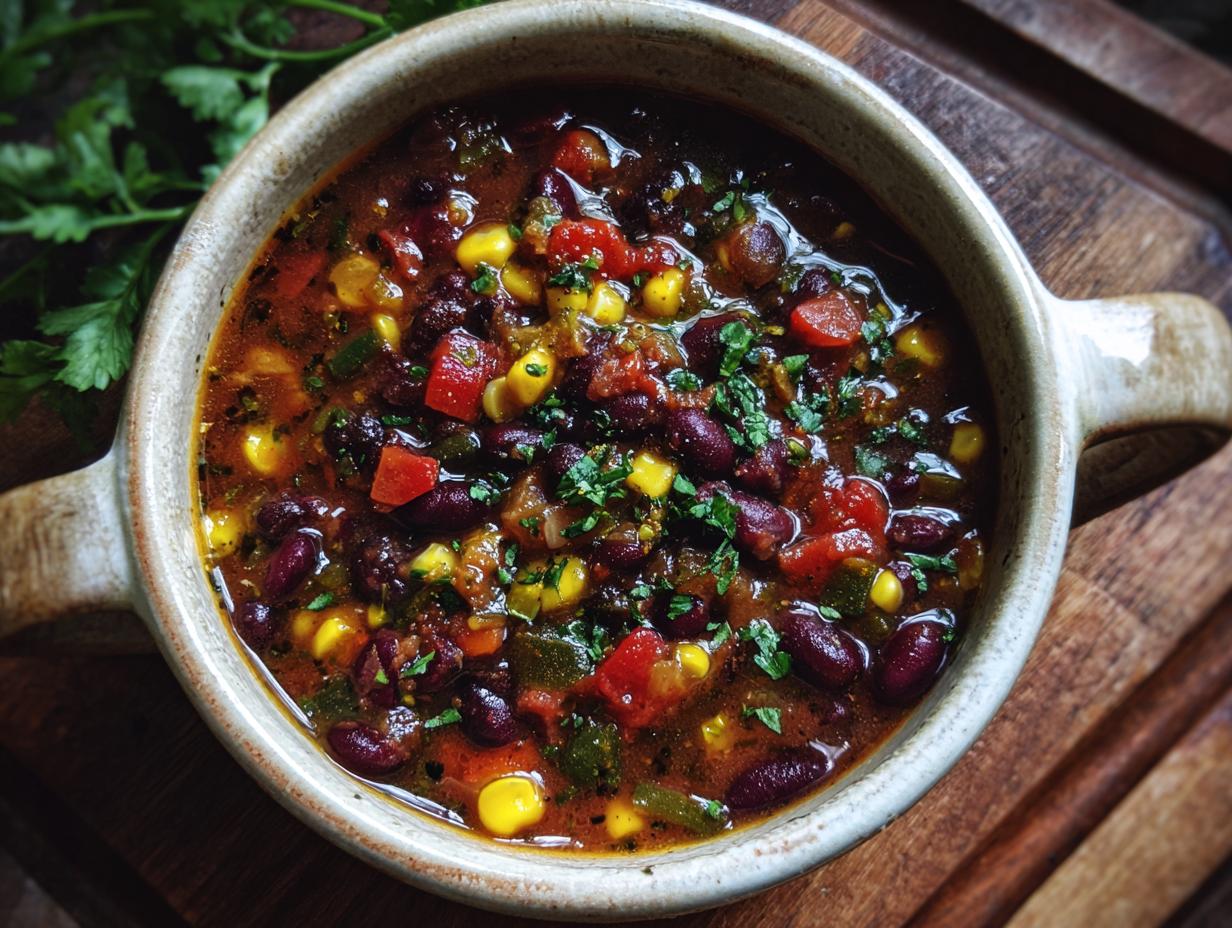 Close-up of a bowl of Spicy Black Bean & Corn Soup, garnished with fresh herbs.