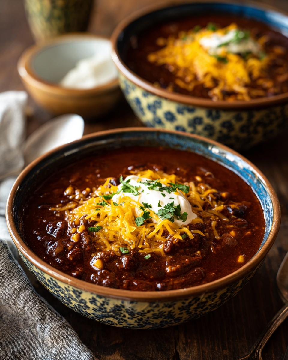 Two bowls of Spicy Black Bean & Corn Soup topped with cheese and sour cream.
