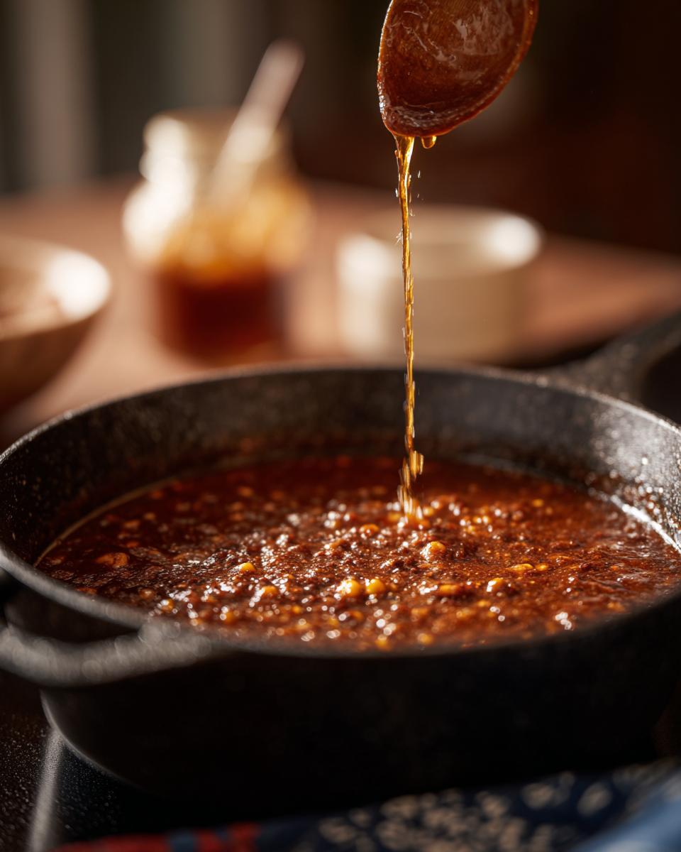 Pouring sauce into a pan of Spicy Black Bean & Corn Soup with a wooden spoon.